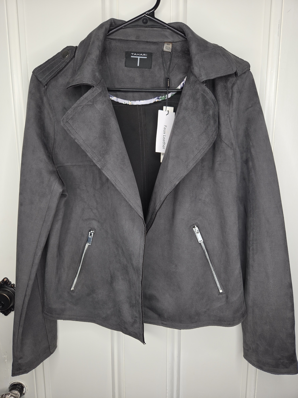 Tahari Charcoal Gray Faux Suede Moto Jacket